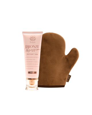 Bubble Bronze Obsession Instant Tan makeup product shown with a squeeze tube and a brown mitt on a plain white background.