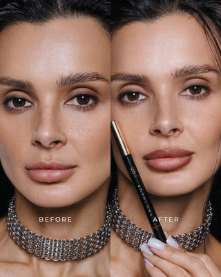 Korolova before and after using the Korolova x BiaBelle Lip Stain, showing a defined lip