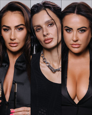 BiaBelle co-founders Blá and Aoibh with Korolova, wearing the Korolova x BiaBelle Lip Kit